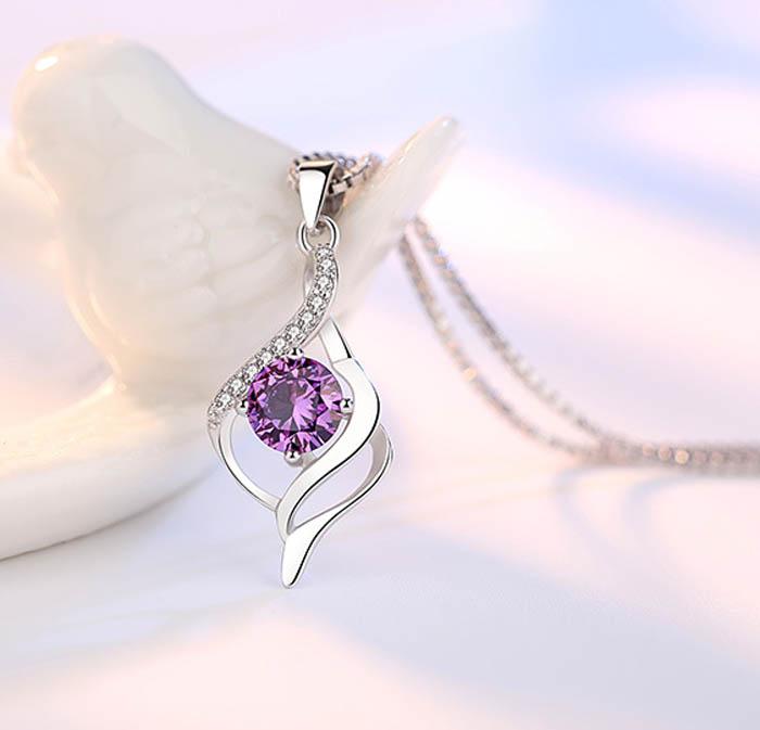 S925 Sterling Silver Pendant Necklace Purple Cubic Zirconia Charms Necklaces Wholesale