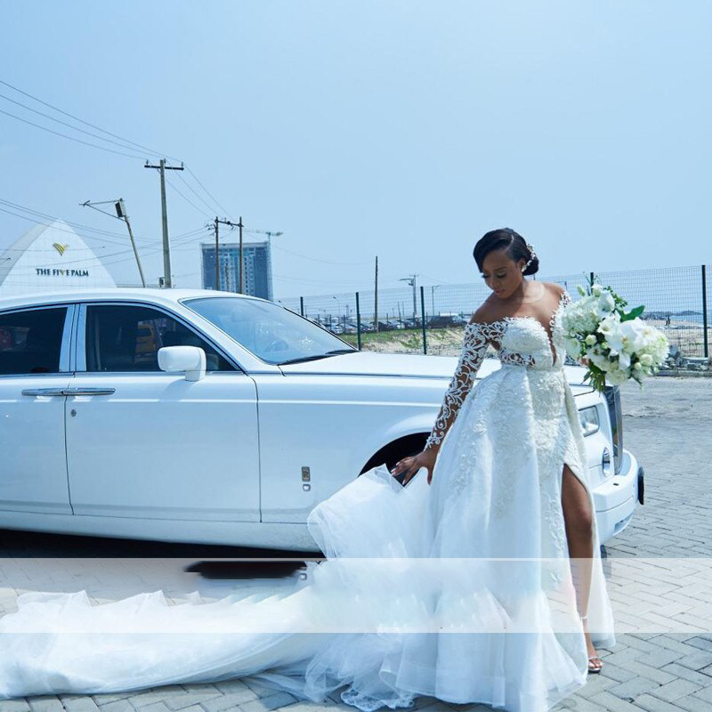 Mermaid Sexy 2021 Split Wedding Dresses With Detachable Train Long Sleeve Beaded Lace Appliqued Bridal Gowns Plus Size Robe De Mariée