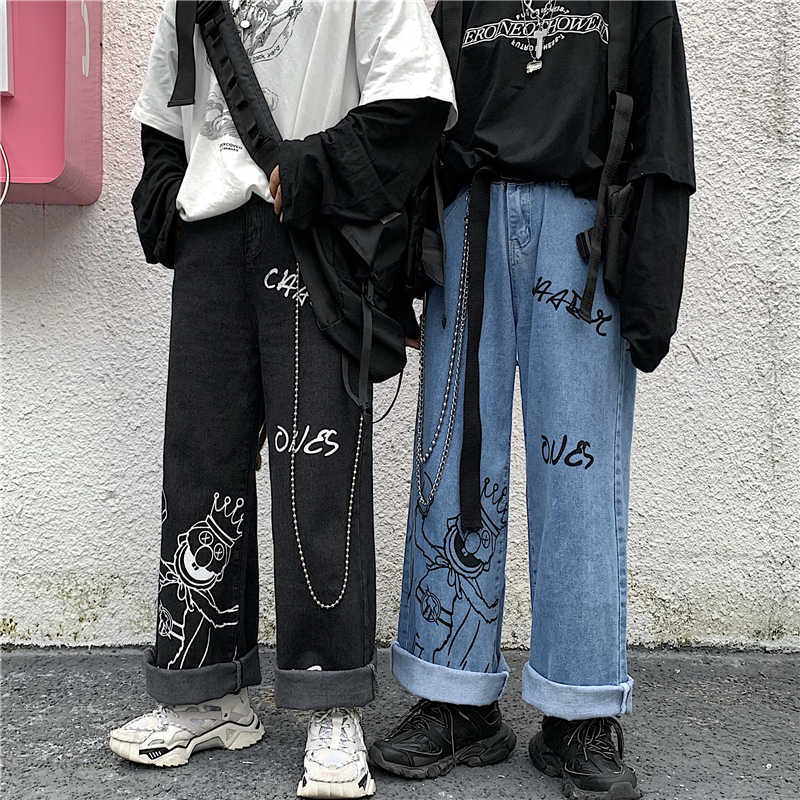 SHENGPALAE Summer Casual Jeans Woman Long Trousers Cowboy Female Loose Streetwear Cartoon Print Wide Leg Pants ZA4911 210809
