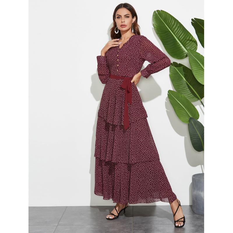 Ethnic Clothing Fashion Women Polka Dot Dress Abaya Vintage Bow Long Sleeve Maxi Dresses Kaftan Muslim Party Gown Holiday Jilbab Islamic Clo