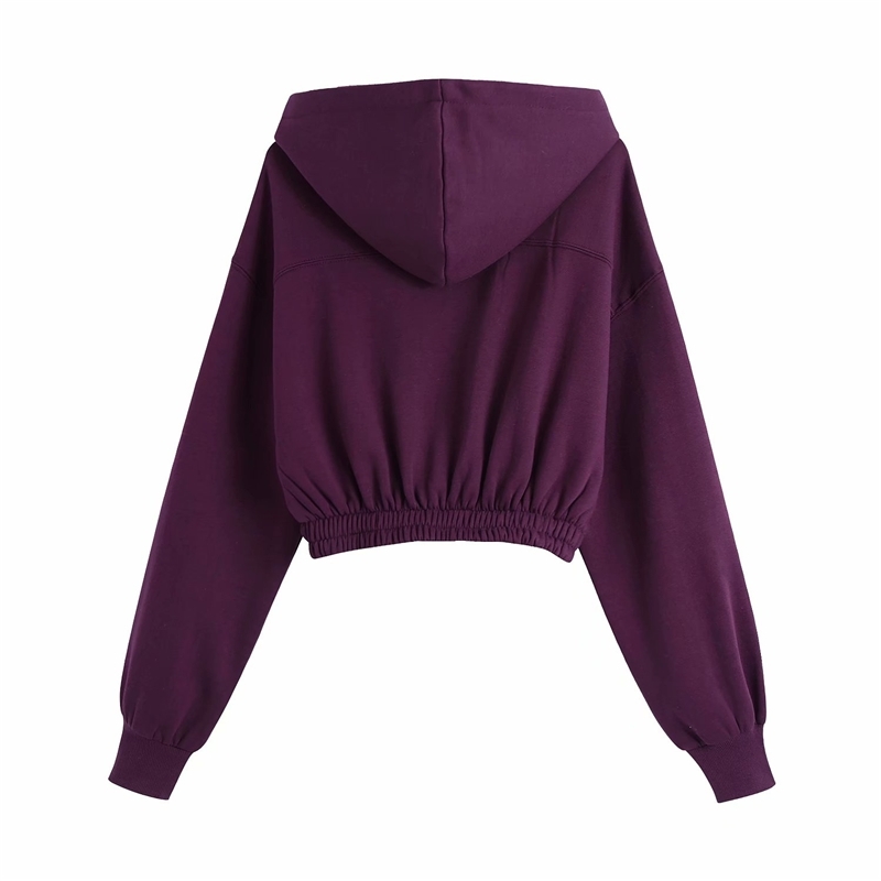 Causal Women Sport Purple Hoodies Fashion Ladies Solid Short Tops Streetwear Female Chic Elastic Waist Pullovers 210527