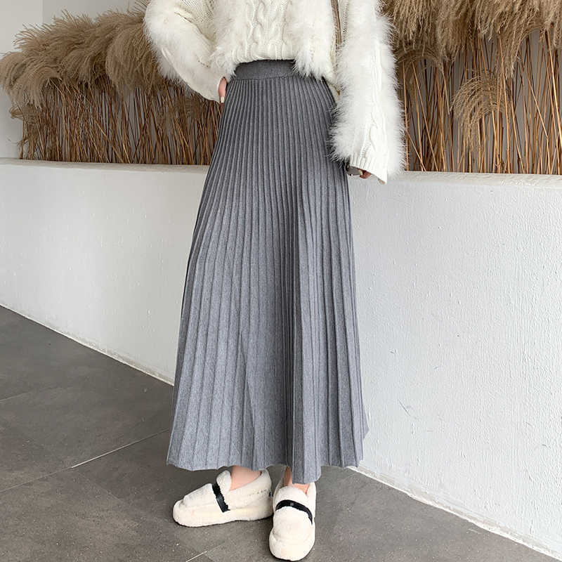 Winter Thickened Rib Knitted Large Swing Maxi Long Skirts Elegant Solid A-line Pleated Ankle Length Knit Coffree Beige 210621
