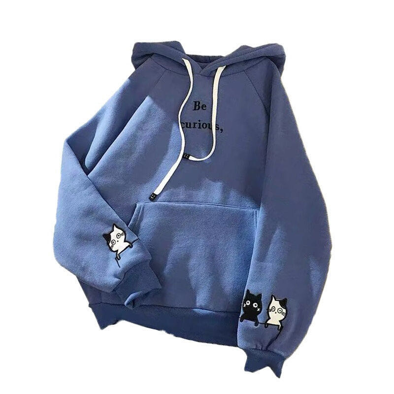 Hoodies Womens Hooded Solid Thicker Plus Velvet Warm Cartoon Letter Embroidered Pockets Women Hoodie All-match Soft Leisure Chic 201211