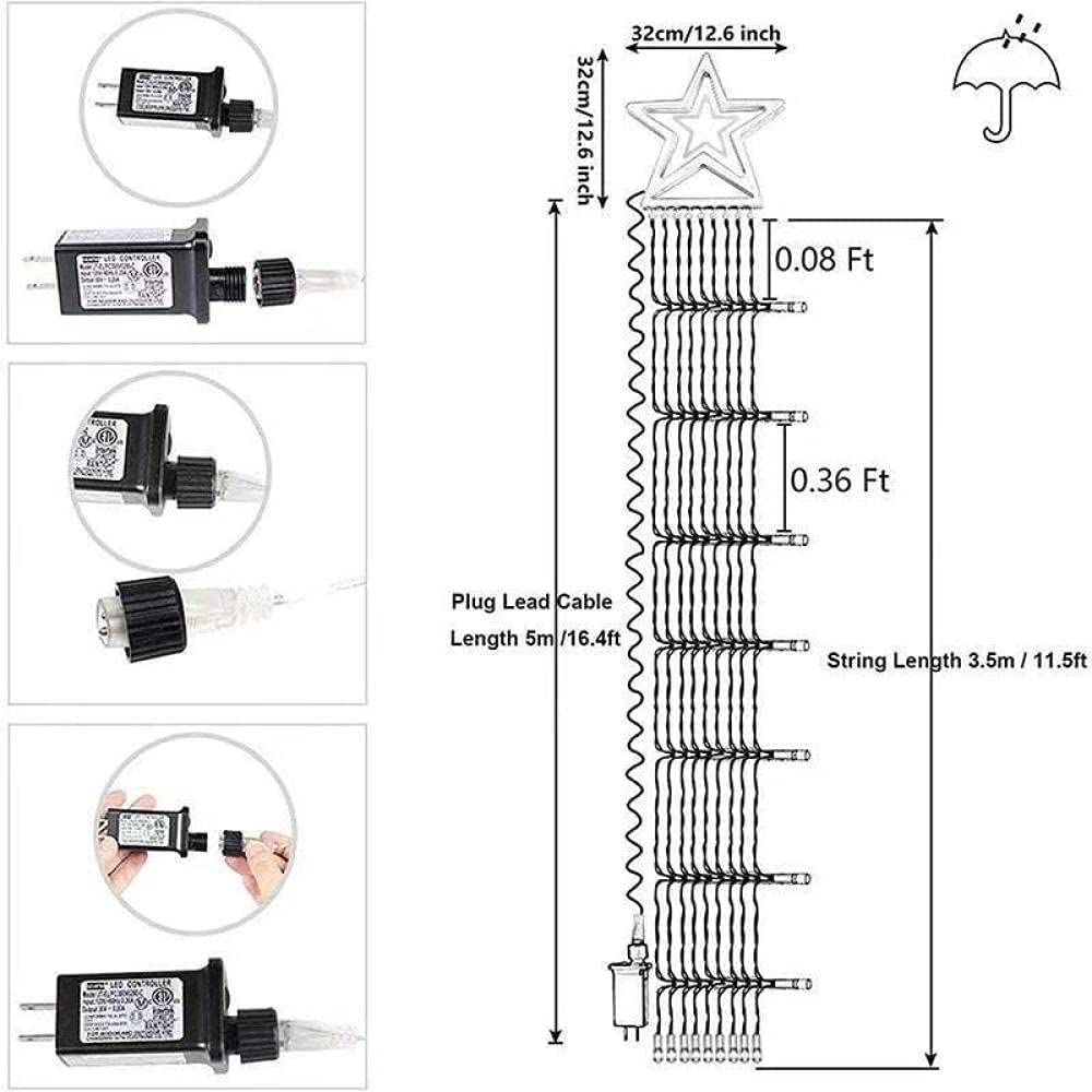 LED Five-Pointed Star Waterfall Lights Christmas Hanging Tree Rooftop Decoration Meteor Lights for Outdoor Courtyard Remote Control Solar Powered