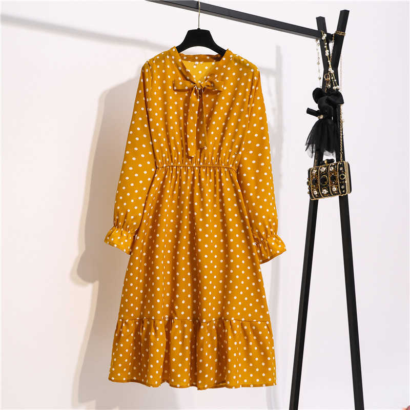 Women Casual Autumn Lady Korean Style Vintage Floral Chiffon Shirt Dress Long Sleeve Bow Midi Summer Woman 210623