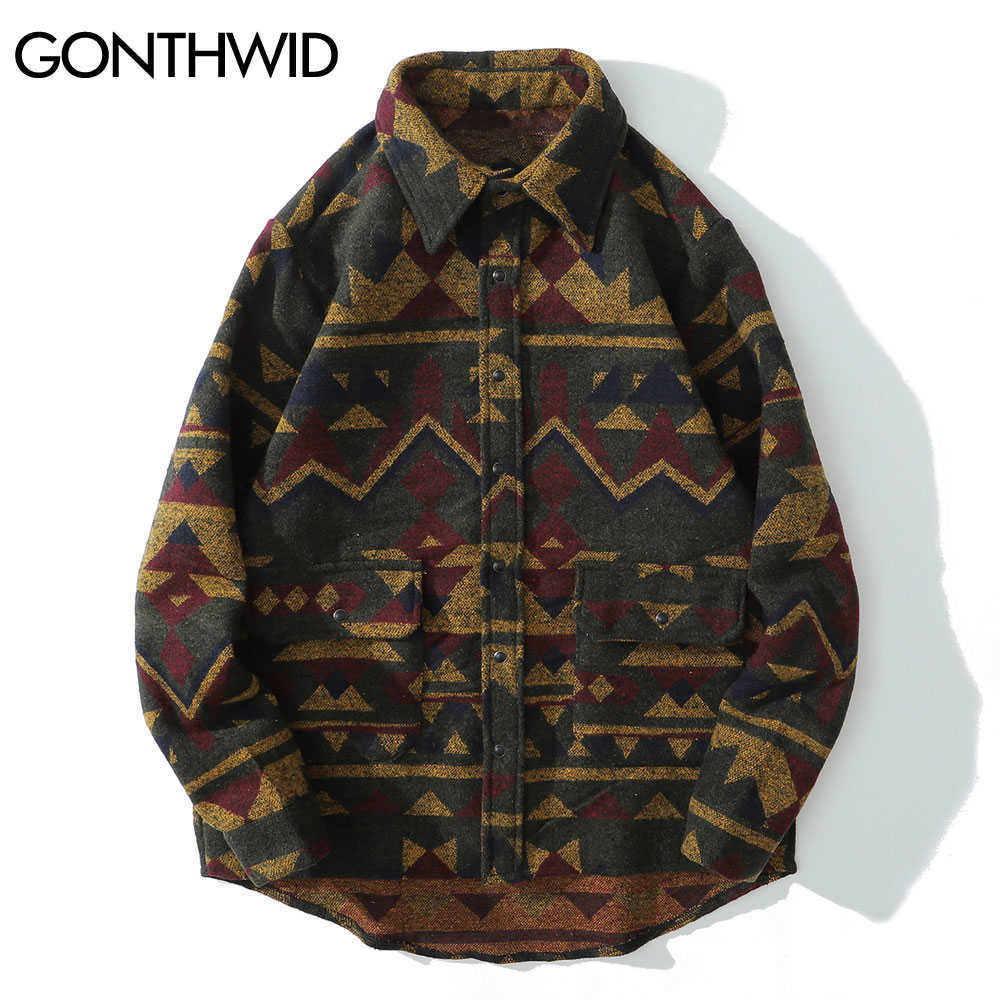 GONTHWID Thick Shirts Coat Streetwear Hip Hop Pockets Geometric Color Block Shirt Men Fashion Harajuku Casual Jacket Tops 210721