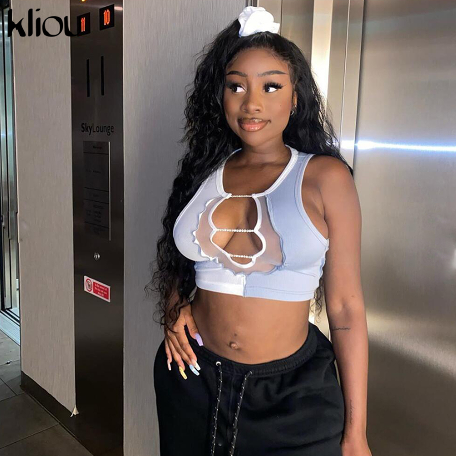 Kliou Sexy Hollow Out Patchwork Chain-Pinned Front Crop Top Women Tanks Sleeveless Ribbed Stretchy Hot Clubwear Party Streetwear 210308