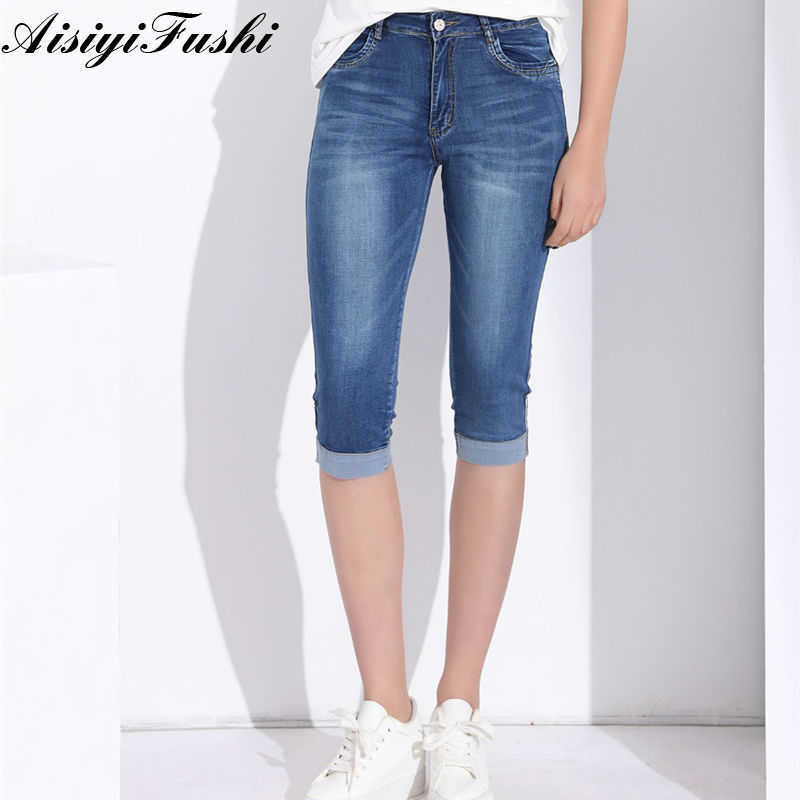 Woman's Jeans Black Denim Pants Ladies Cropped Trousers Skinny Knee Length Women Elastic High Waist Mom Plus Size 210809