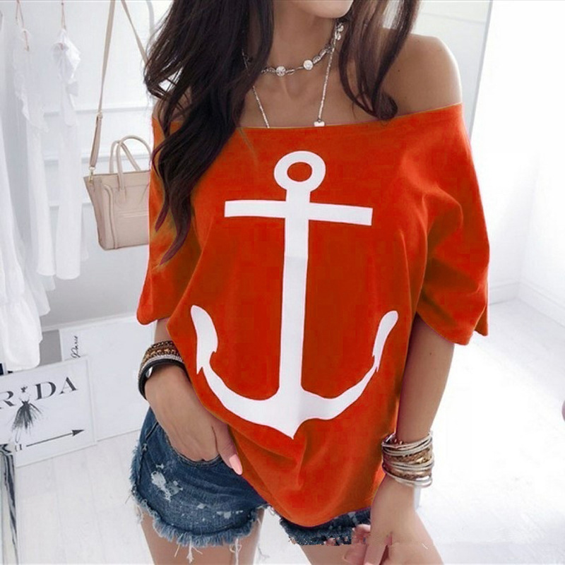 Women's T-Shirt Tops Tees 2022 spot new hot style loose one-shoulder bat shirt printed women