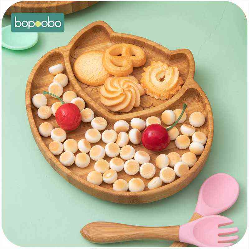 1set Baby Feeding Bowl Baby Dinner Plate Cartoon Sheep Bamboo Kids Feeding Dinnerware With Silicone Suction Cup Wooden Fork Spoo 211027