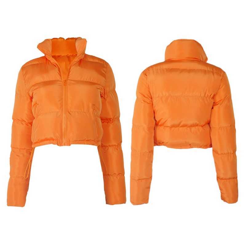 Women Long Sleeve Puffer Jacket Zip Up Solid Color Drawstring Hem Cropped Coat 210909
