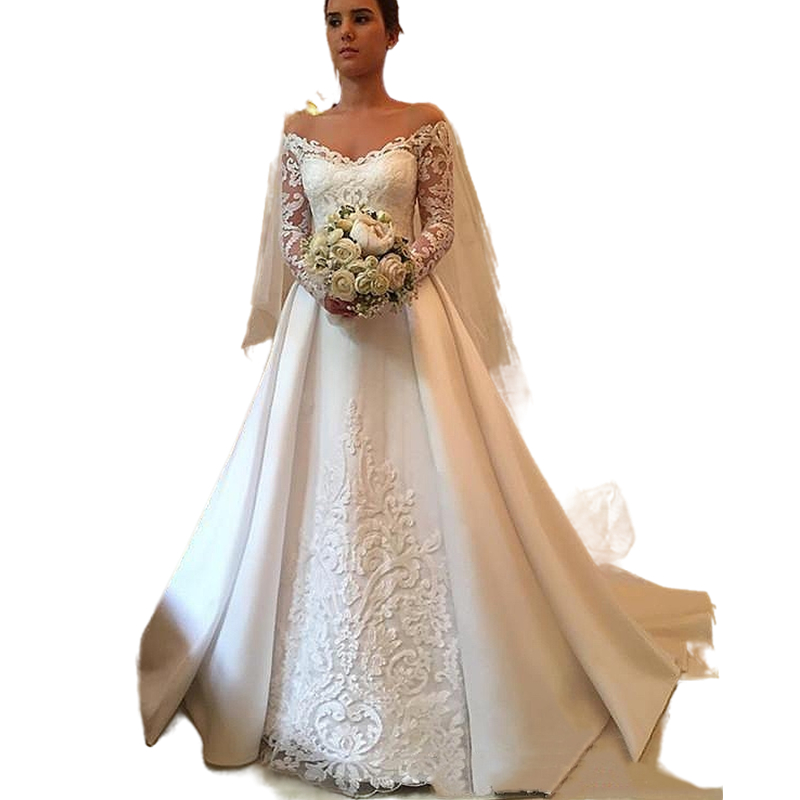 2024 Country V neck Satin Wedding Dresses Bridal Gowns Long Sleeve Lace Appliques A Line Bride Dress Sweep Train Vintage Off Shoulder Vestidos De Novi