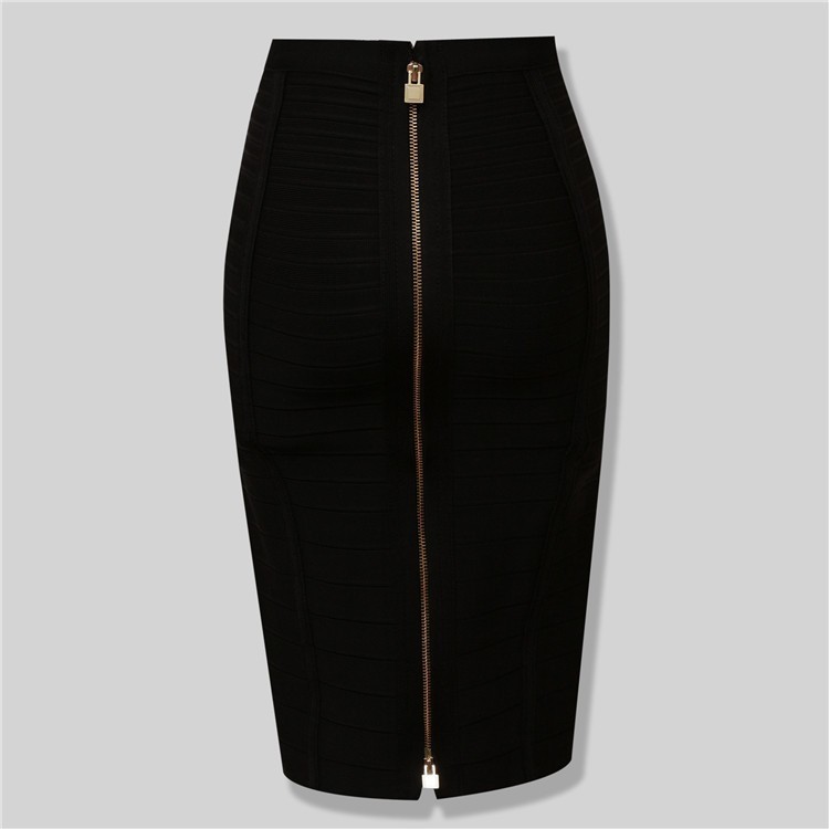 High Quality Black Red Blue Orange Zipper Bodycon Rayon Bandage Skirt Day Party Pencil Skirt 210306