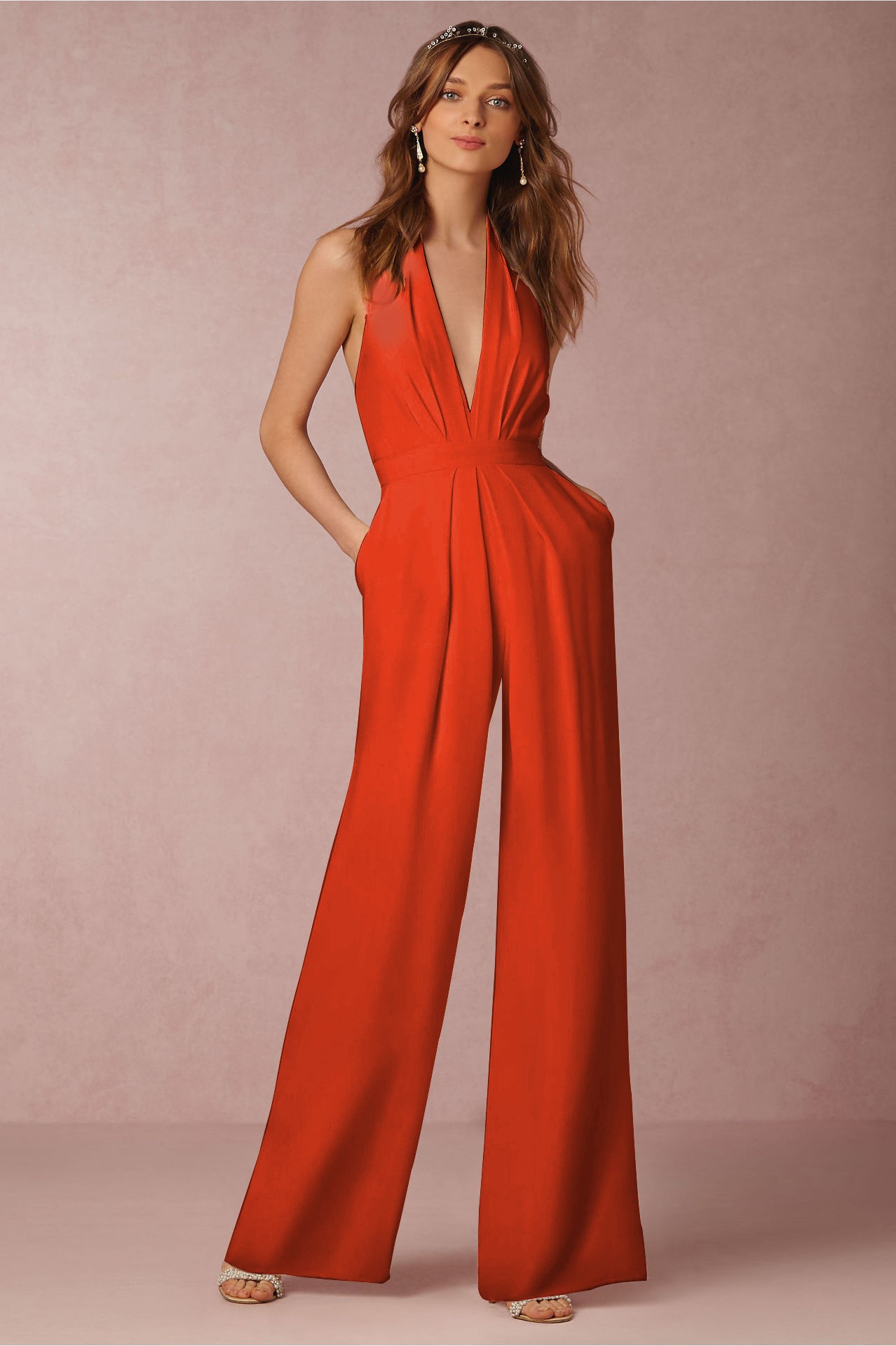 Sexy Backless Jumpsuits Prom Party Dresses For Women Halter Deep V Neck Formal Evening Party Gowns With Pockets Cheap Pants Suits 2021