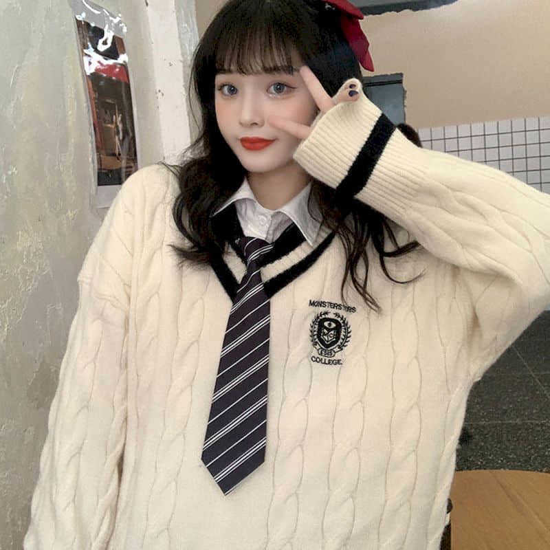 College style autumn winter sweet cute V-neck sweater female student long-sleeved Korean loose all-match + shirt tie 210526