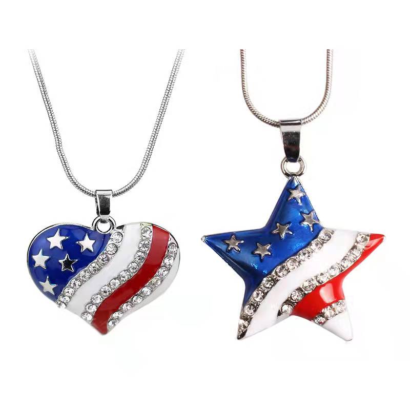 Fashion 4th of July Patriotic USA American Flag Heart Pendant Necklace 5-Pointed Star US Flag Necklaces with Austrian Crystal for Men Women Wholesale 
