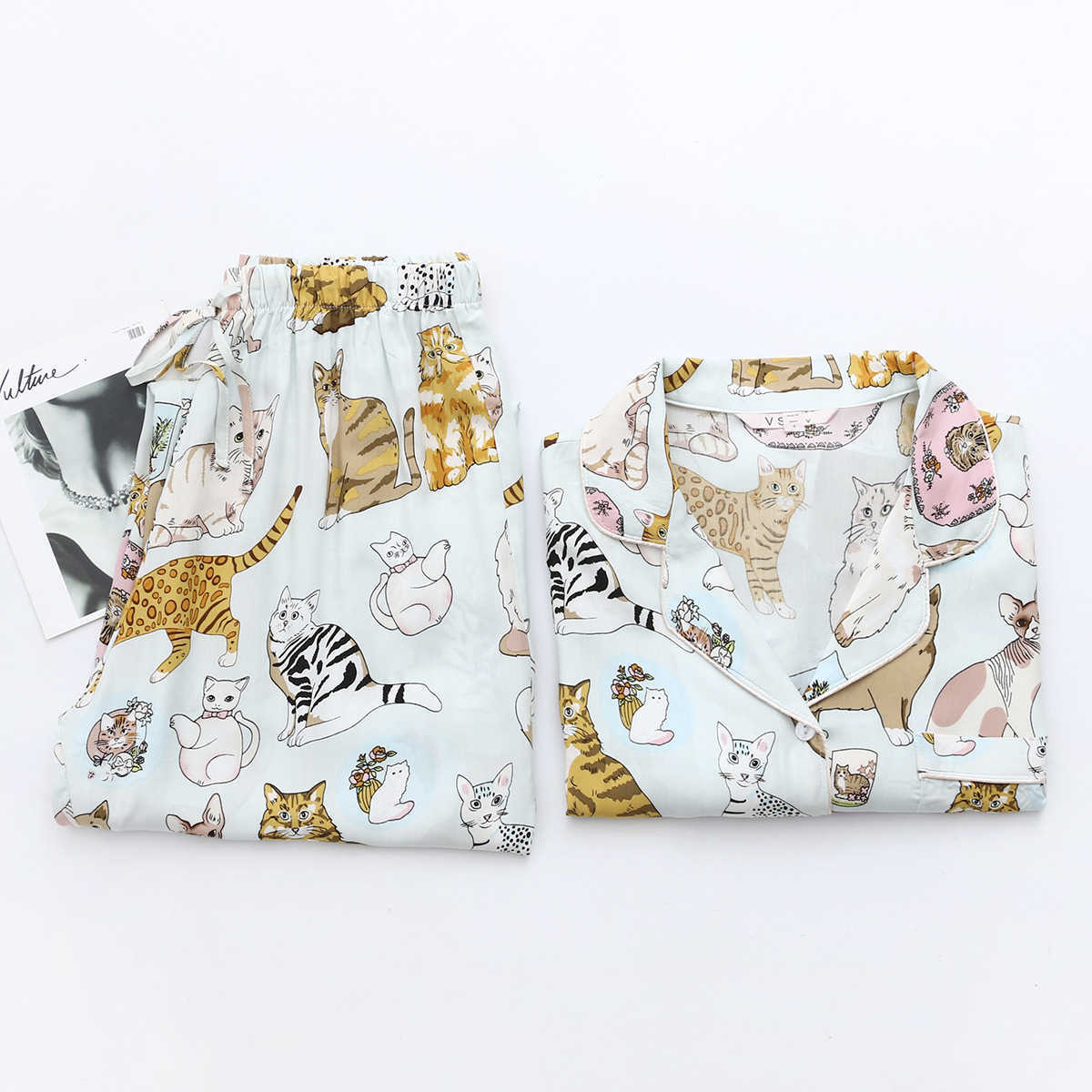 Pajamas Women Set Autumn Cute Cat Animal Print Home Clothes Cotton Silk Loose and Comfortable Ladies Dormir Pajamas 211007