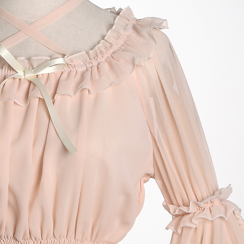 Chiffon Lolita Lace Blouse Strap Under Shirt Halter Neck Off Shoulder Women Long Flounce Tops Bell Sleeves For Plus Size 210225