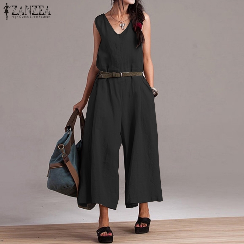 Wide Leg Pants Women's Jumpsuits ZANZEA Plus Size Linen Overalls Woman V Neck Rompers Female Sleeveless Summer Pantalon 5XL T200107