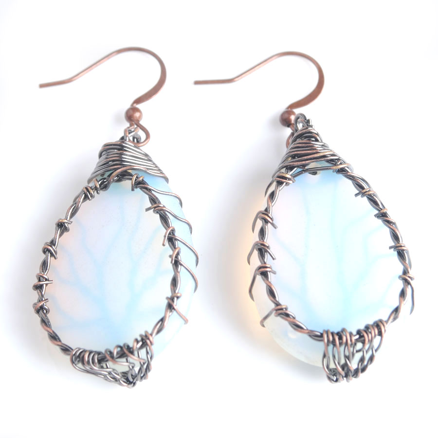 WOJIAER Tribal Copper Dangle Earrings Water Drop Tree of Life Wire Wrap Earring For Natural Stone Jewelry BV910