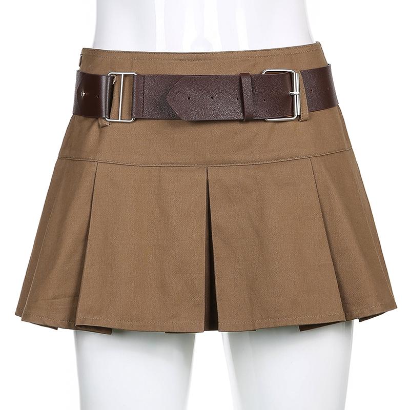 Skirts With Sashes Brown High-waisted Pleated Skirt Women Korean Style Fashion Belt Punk Streetwear Tennis Mini Female Iamty