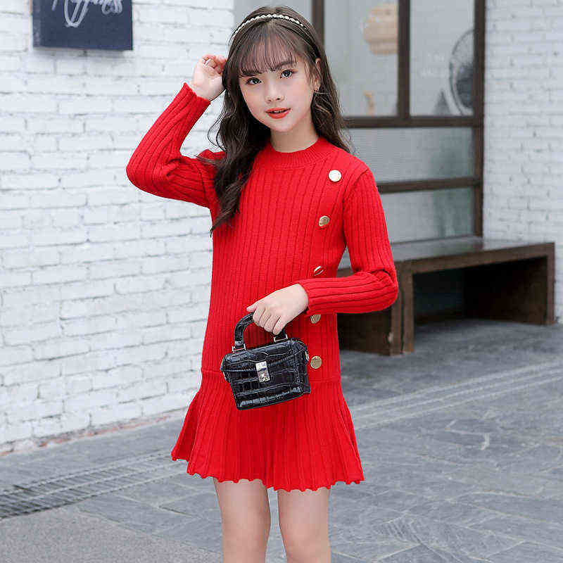 Autumn Big Girls Christmas Dress Winter Knit Sweater es Baby ' Button Red Black Fashion Kids Clothes 211104