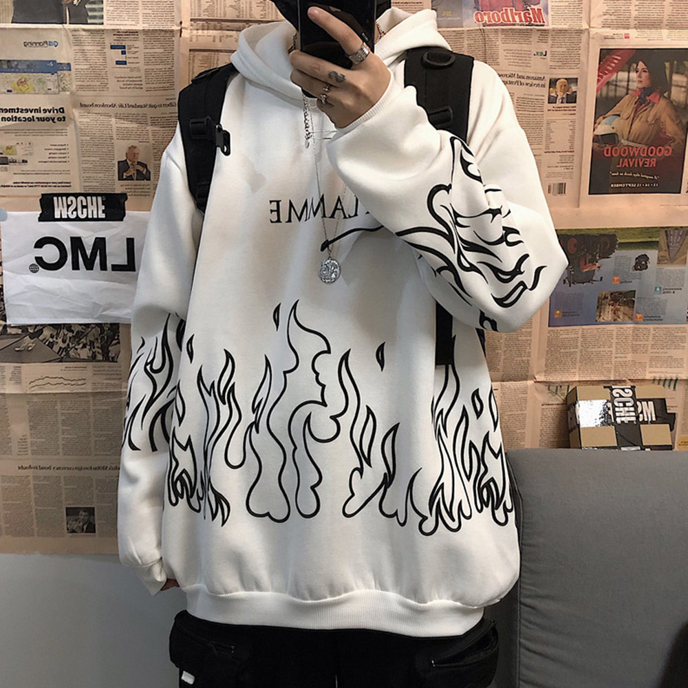 Rosetic Flame Print Men Hoodies Winter Thick Hooded Hoodies Mens Harajuku Letter Tops Gothic Pullovers Casual Couple Sweatshirt 201020
