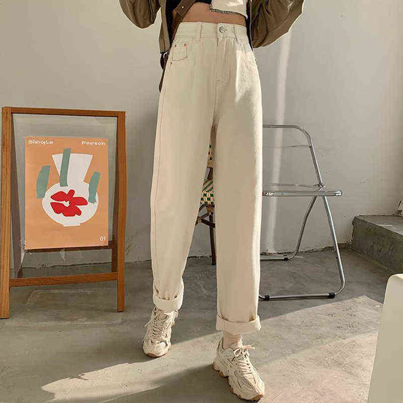 High Waist Spring Fashion Jean Pants Beige Wide Leg Straight Harajuku Streetwear Casual Trousers Jean Femme 211112