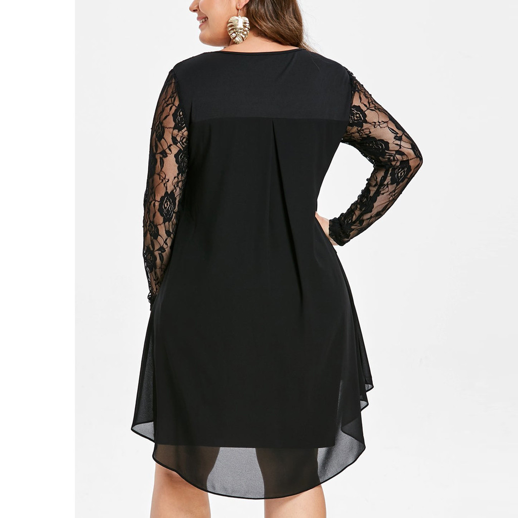 Women Autumn Solid Dress Plus Size Dress Sheer Lace Patchwork Long Sleeve High Low Hem O-Neck Dress Casual party dresses S-5XL 210309