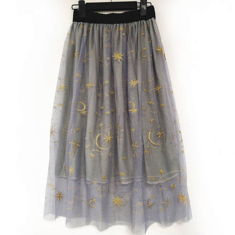 Flectit Gold Moon Star Embroidered Tulle Skirt Vintage Semi Sheer Fabric High Waist Pleated Midi Skirt For Women Ladies 210309