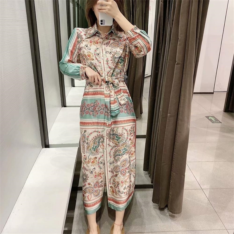 Women Vintage Position Cashew Floral Print Sashes Shirtdress Ladies Long Sleeve Business Vestidos Chic Side Split Dresses DS3379 T200603