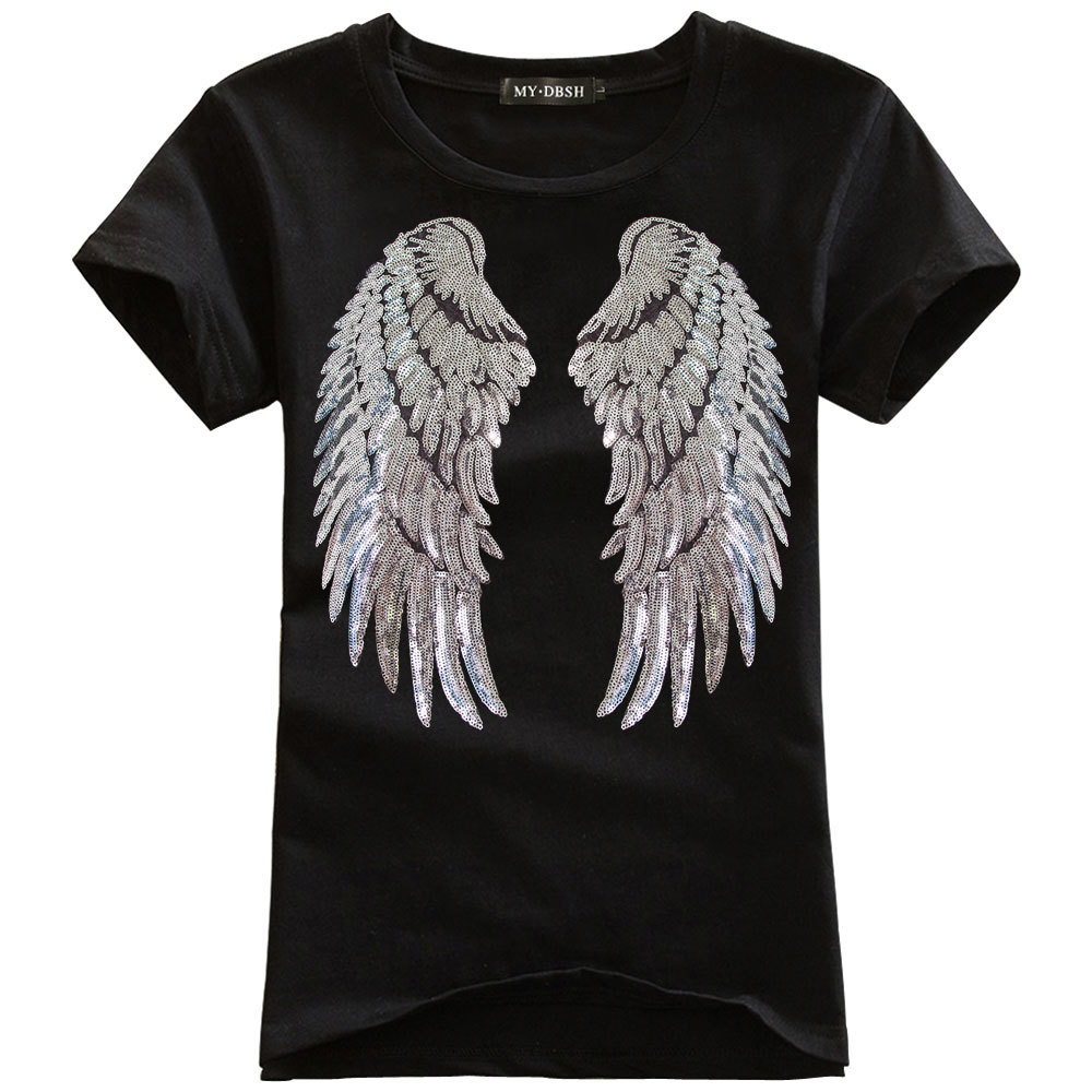 Fashion Sequin Angel Wings T-shirt Woman Causal Tops Novelty Half Sleeve O-neck T Shirt New Summer Loose Sexy Appliques T-shirts 210306