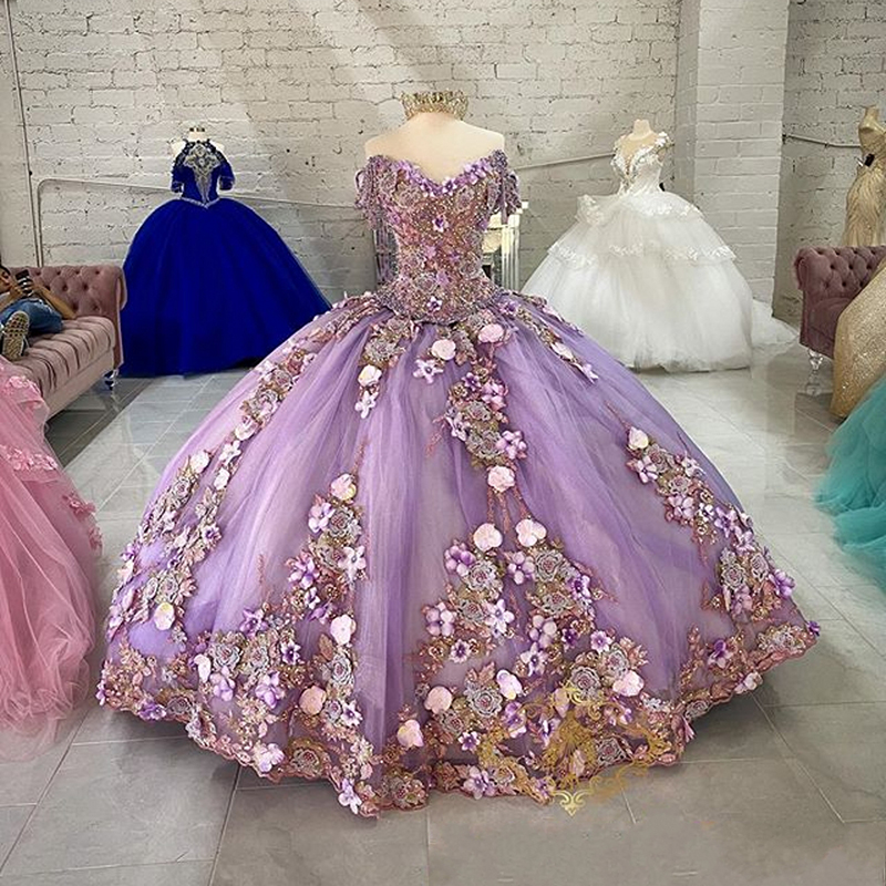 Lilac lavender Quinceanera Dresses 3D Floral Applique Beaded Off the Shoulder 2022 Sweep Train Tulle Satin Custom Made Sweet 15 16 Prom Princess Ball 