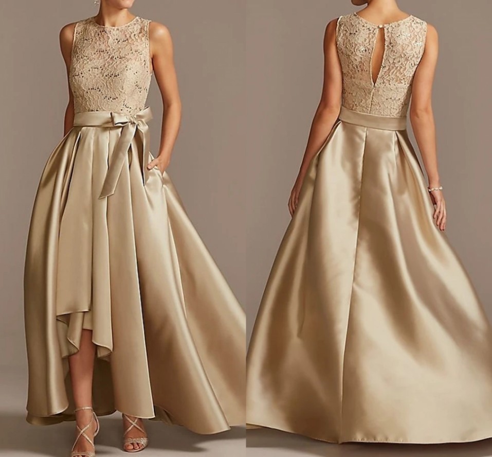 High Low Champagne Mother of the Bride Dress Bow Plus Size Elegant Vintage Top Lace Ankle Length Satin 2022 Groom Party Gown