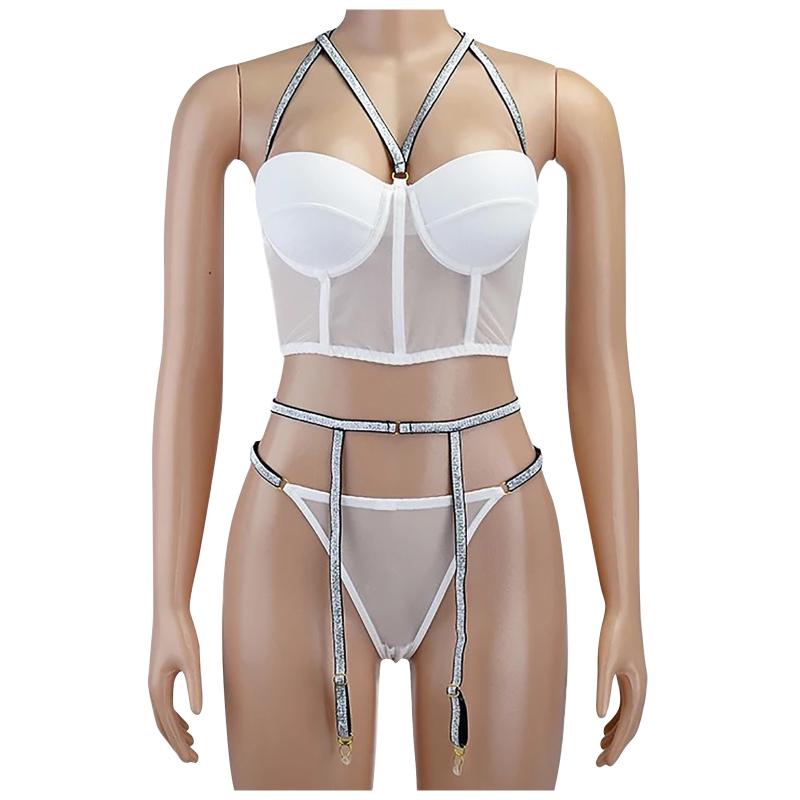 Women's Sleepwear Sexy gerie Woman Pama Sets Ladies Lace Flashing Dia Three-point Pamas Pijamas De Mujer