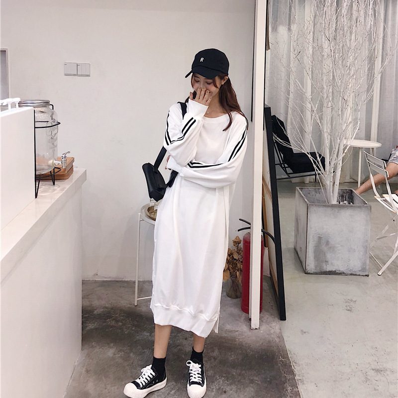 Women Autumn Long Hoody Dress Straight Long Sleeve Striped Loose Oversized Casual Split Femme clothes 201103