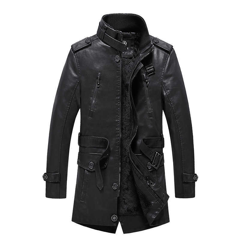 Oumor Men Leather Jacket Winter Long Coat Thick Fleece Men Outwear Warm Casual Motor Vintage PU Faux Leather Jacket Men 4xl 210603