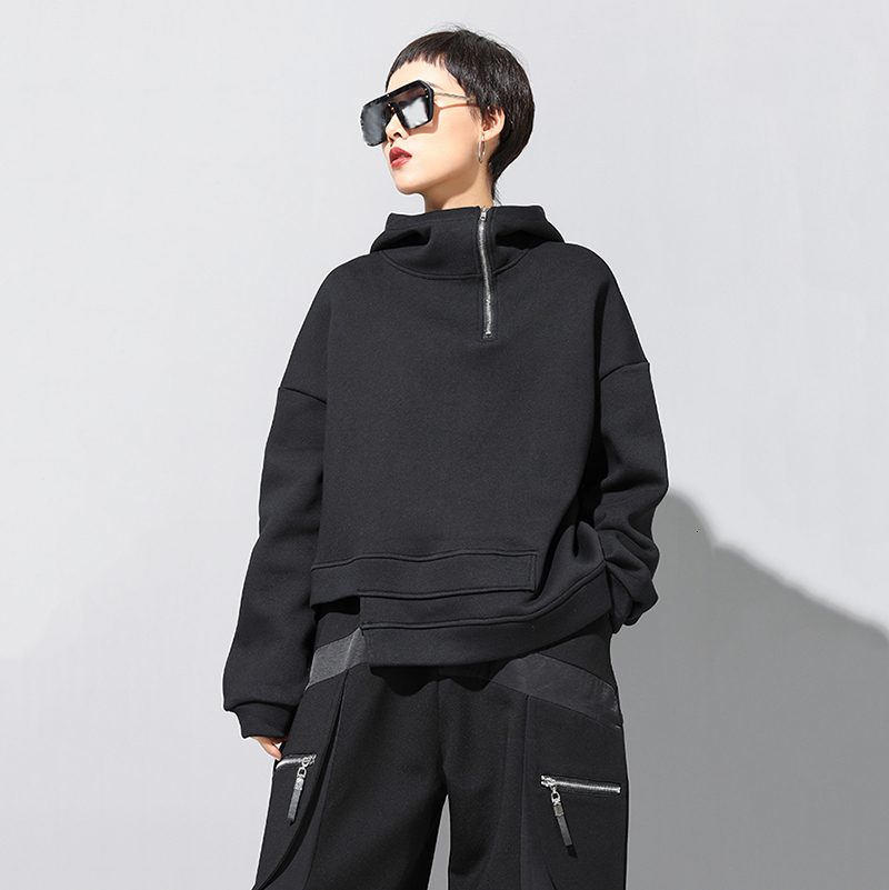 [EAM] Loose Fit Asymmetrical Oversized Sweatshirt New Hooded Long Sleeve Women Big Size Fashion Tide Spring Autumn - LJ201130