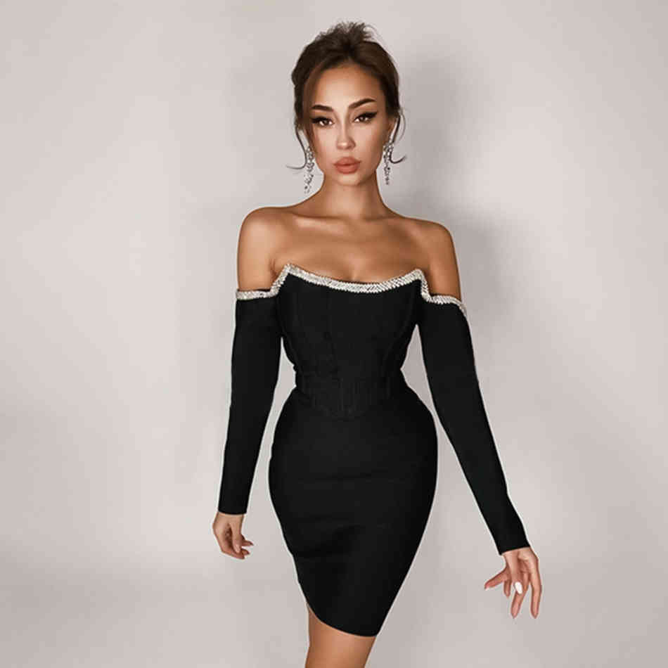 Women's Summer Sexy V-neck Long Sleeve Off Shoulder Diamond Black Bodycon Velvet Dress Elegant Party Club Vestidos 210525