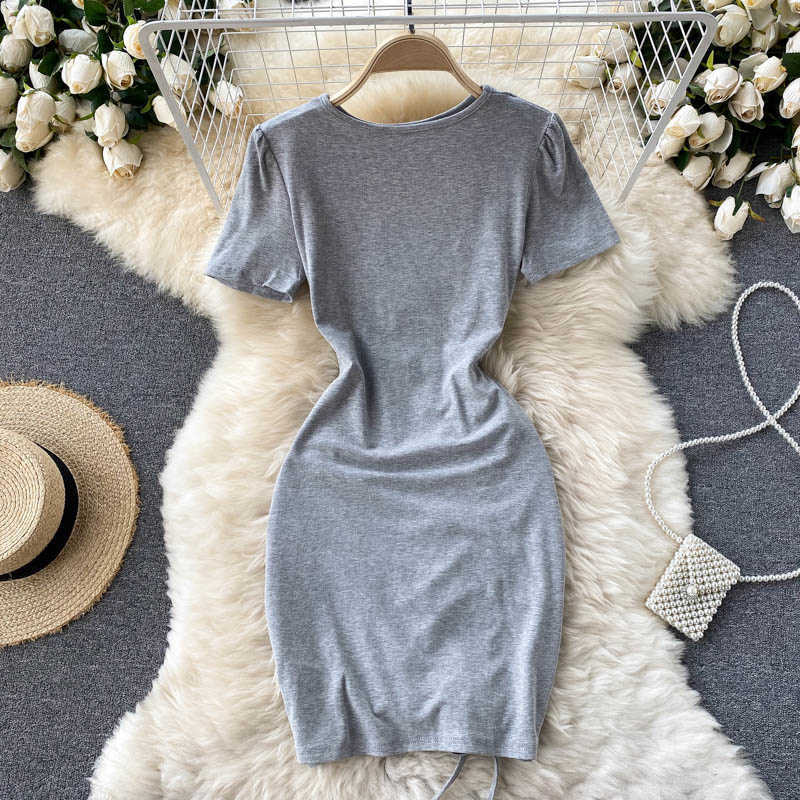 DEAT Women Drawstring Hollow Out Dress Round Neck Short Sleeve Arrivals Lady Sexy Fashion Spring Summer 11D1573 210709