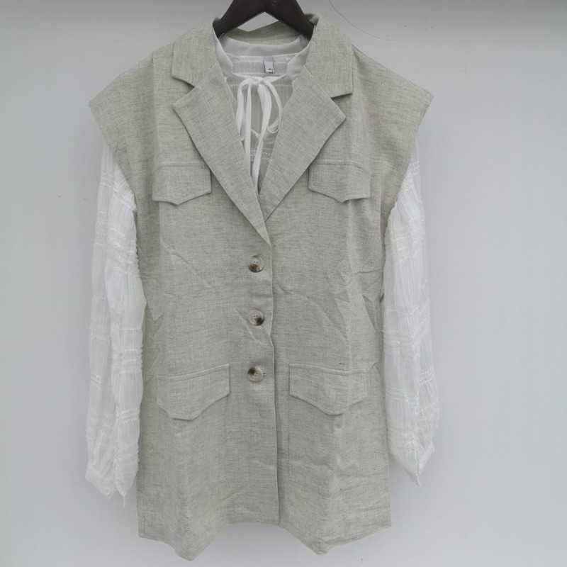 [EWQ]Round Neck Pleated Puff Sleeve Dress + Lapel Single-breasted Suit Vest With Belt Women Fashion Autumn 2F0610 210825