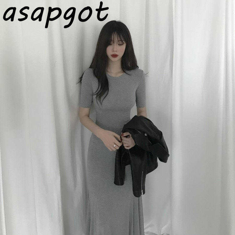 Casual High Elastic Plus Size O Neck Modal Cotton Black Side Split Mermaid Dress Women Short Sleeve Grey Wild Vestido 210630