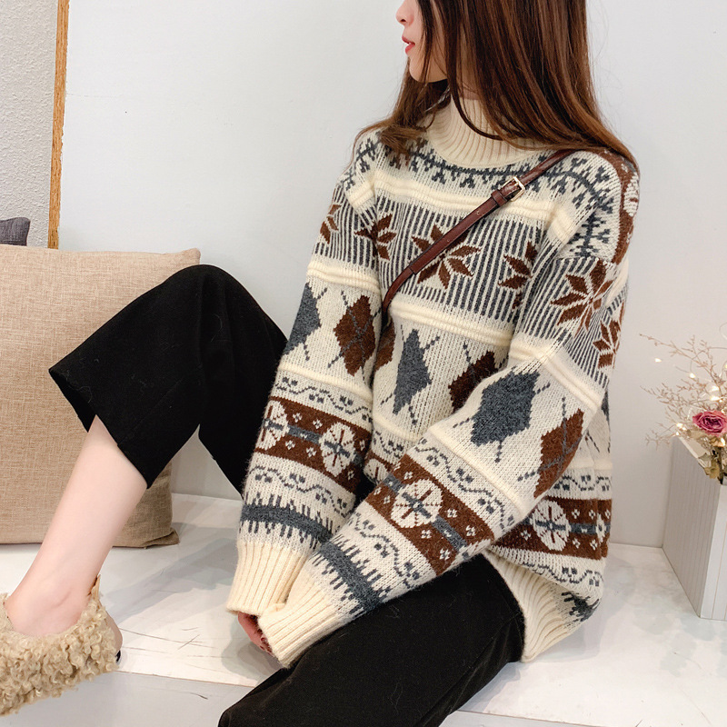 Retro autumn and winter knit pullover new Korean loose sweater women's jacket Long sleeve turtleneck 210218