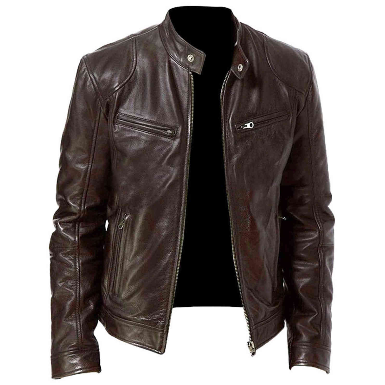 Mens Fashion Leather Jacket Slim Fit Stand Collar PU Jacket Male Anti-wind Motorcycle Lapel Diagonal Zipper Jackets Men 5XL 211106