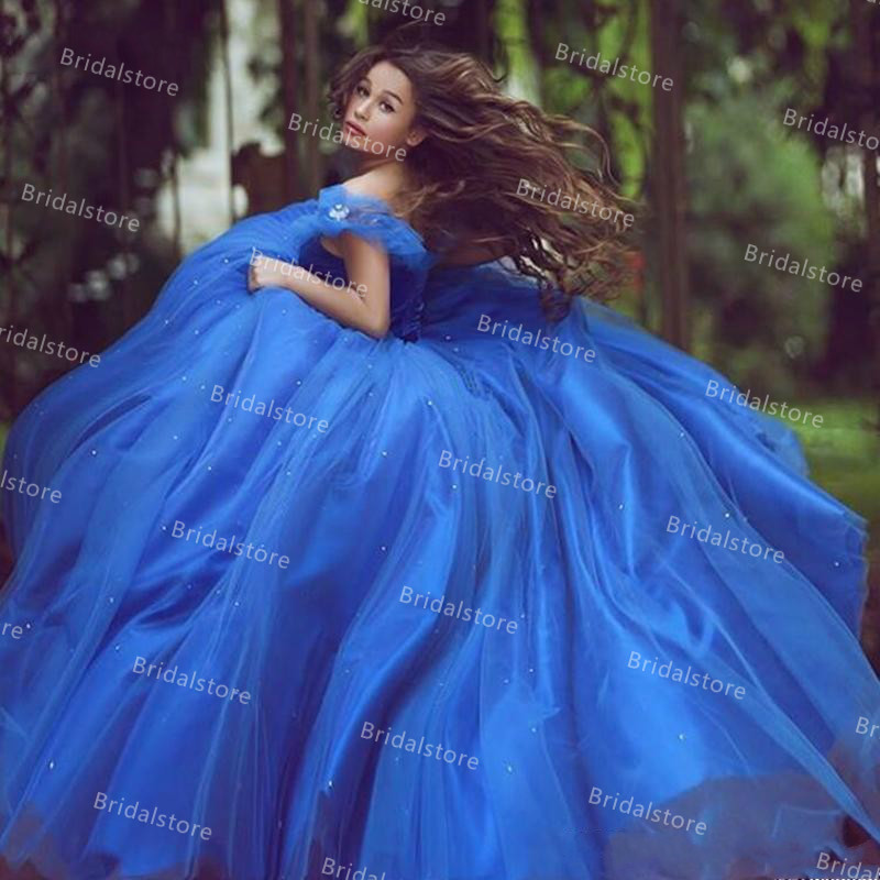 Cinderella Blue Quinceanera Dresses Ball Gown Off the Shoulder Puffy Tulle Beaded Party Sweet 16 Dress Floor Length Vestidos 15 Anos Prom