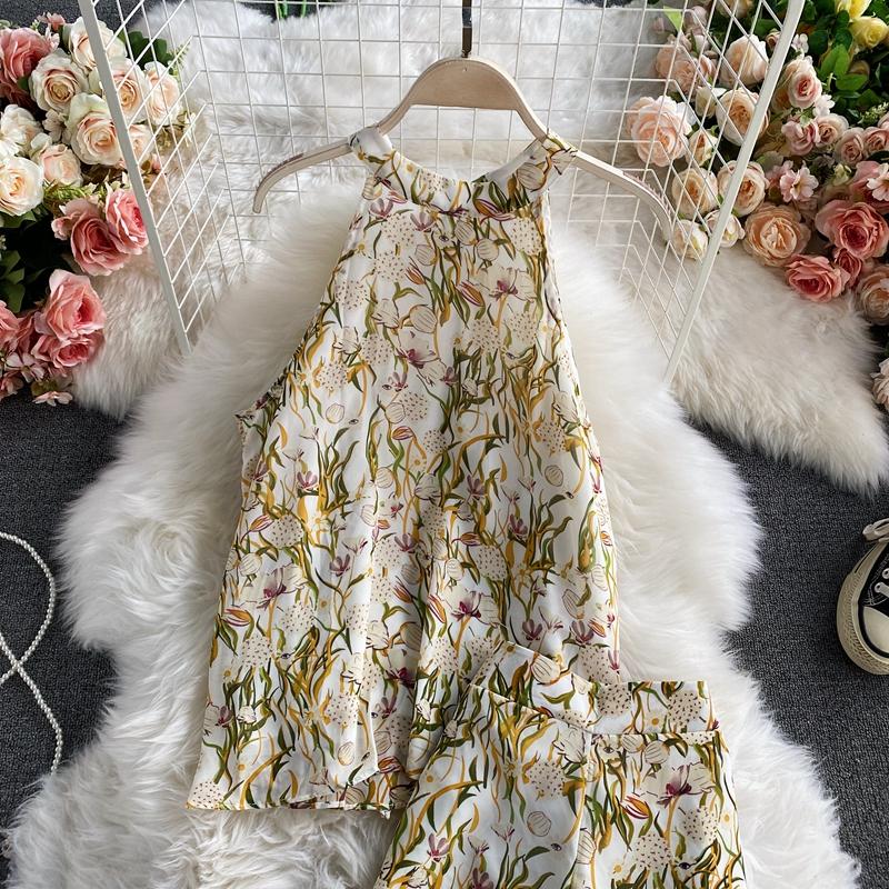 Women's Two Piece Pants Bohemian Summer Women Sets Vacation Beach Elegant Halter Sleeveless Chiffon Tops And High Waist Wide Leg Female
