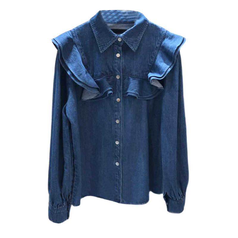 Spring Fashion Turn Down Collar Buckle Wood Ear Full Women Denim Shirts 210615Z