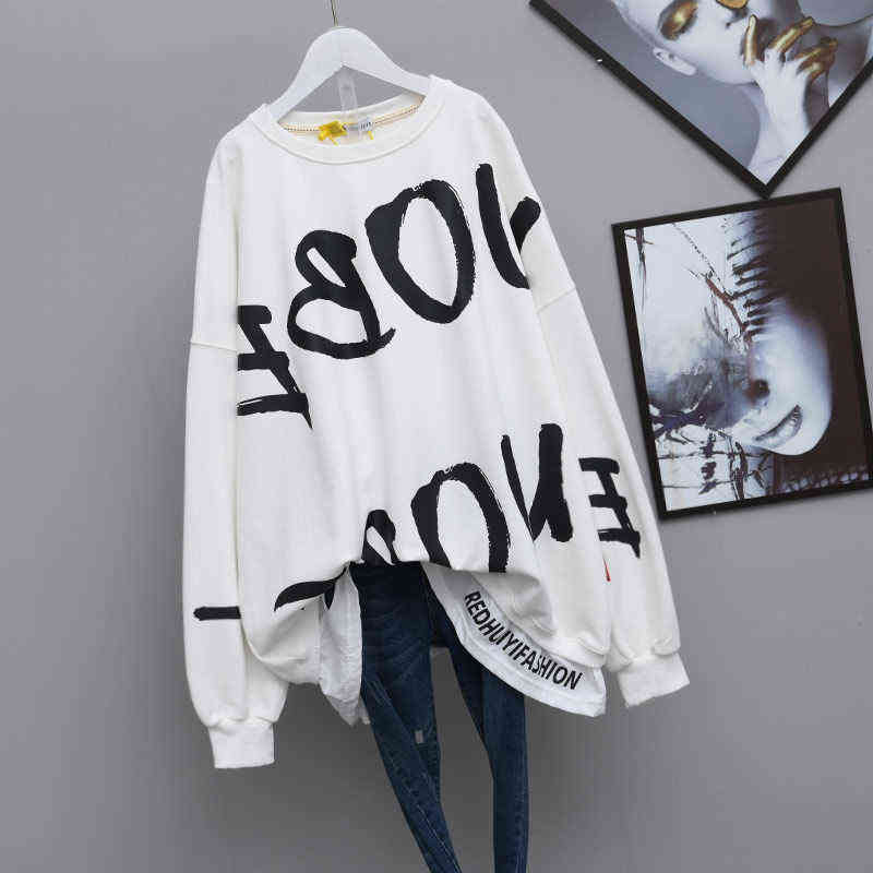 QWEEK Letter Print Crewneck Sweatshirt Women Spring Coat Oversized Hoodies Fashion Korean Style Kpop Long Sleeve Tops Women 211108