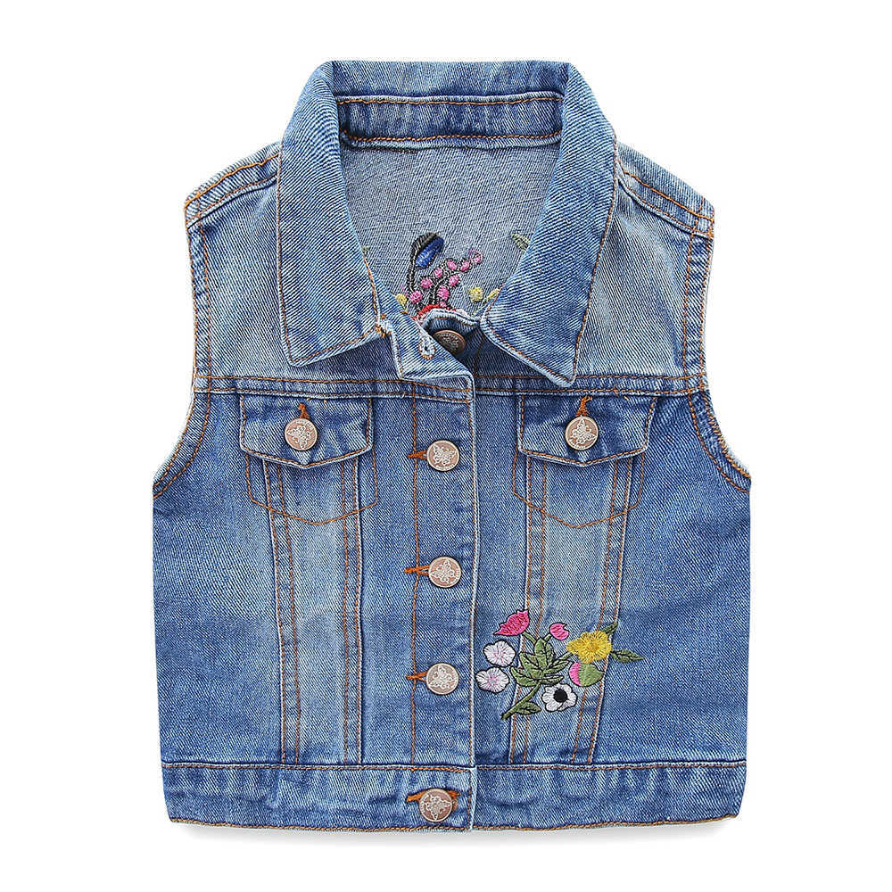 Mudkingdom Girls Vest Flower Embroidery Ripped Lapel Denim Jacket for Spring 210615