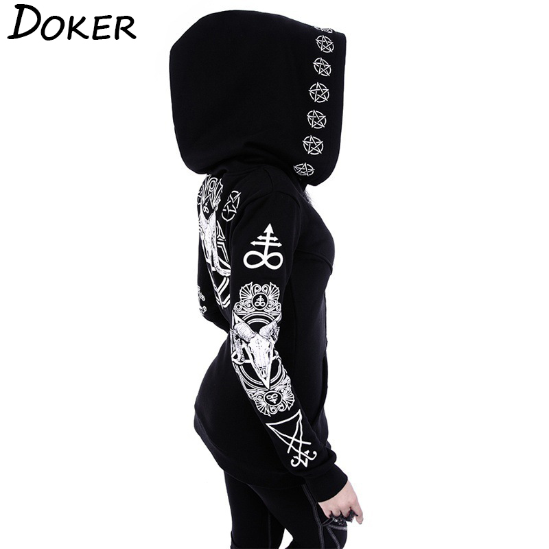 5XL Gothic Punk Print Hoodies Sweatshirts Women Long Sleeve Black Jacket Zipper Coat Autumn Winter Female Casual Hooded Tops 200924